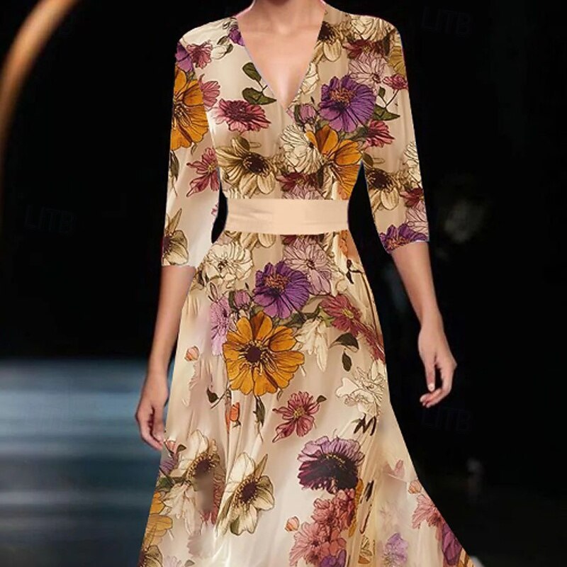 Women's Long Dress Maxi Dress Print Dress Fashion Outdoor Date Going out Regular Fit Flower Half Sleeve V Neck Khaki Summer2