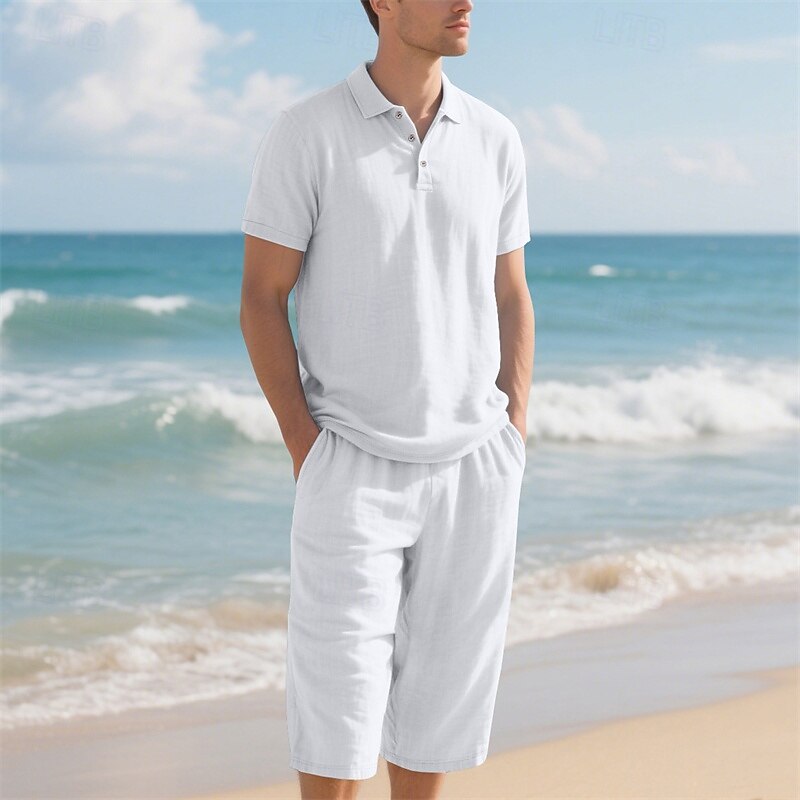 Men's Polo Shirts Golf Shirt Outdoor Daily Wear Lapel Short Sleeve Fashion Hawaiian Plain 2 Piece Summer Regular Fit Black White Navy Blue Khaki Army Green Light Sky Blue Polo Shirts3