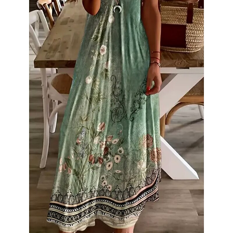 Women's Maxi Dress Casual Dress A Line Dress Summer Dress Elegant Vacation Vintage Regular Fit Floral Graphic Paisley Short Sleeve U Neck Light Green Dusty Blue Summer Spring Fall3