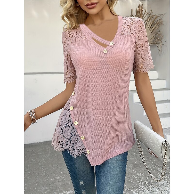 Women's Blouse Solid Color Elegant Stylish Basic Short Sleeve V Neck Regular Tops Daily Holiday Lace Buttons Yellow Pink Purple Summer