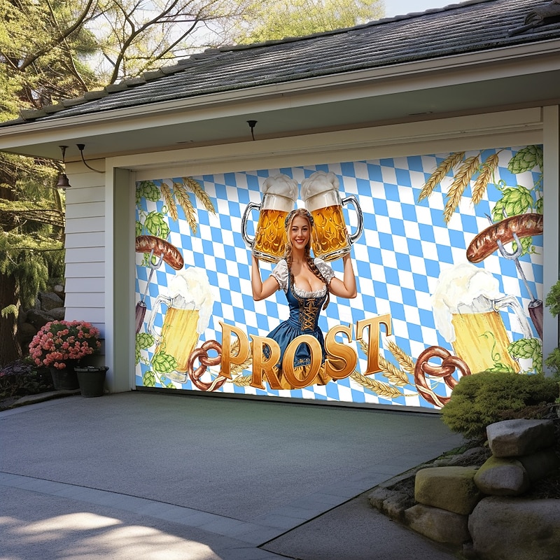 Oktoberfest 2025 Outdoor Garage Door Cover Banner Beer Vintage Blue White Plaid Large Backdrop Decoration for Holiday Outdoor Garage Door Home Wall Decorations