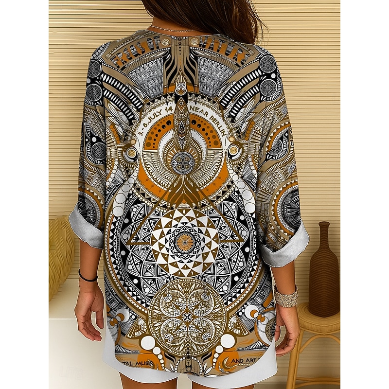 Women's Blouse Tunic V Neck Long Sleeve Boho Casual Tops Graphic Geometric Bohemia Basic Long Tops Daily Buttons Print Yellow Red Blue Purple Green Spring, Fall, Winter, Summer2