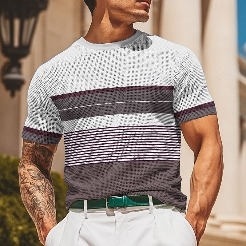 Men's Horizontal Stripes Line Waffle Shirt Short Sleeve T shirt 3D Print Crew Neck Shirt Fashion Casual Comfortable Street Casual Daily Red Blue Green Summer Spring Clothing Apparel S M L XL XXL XXXL3