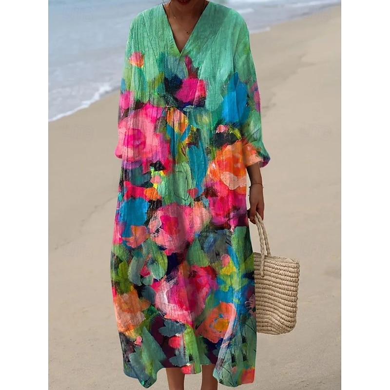 Women's Midi Dress V Neck Long Sleeve Kaftan Lightweight Loose Fit A Line Dress Casual Boho Party Going out Floral Graphic Abstract Long Sleeve V Neck Ash White Yellow Pink4