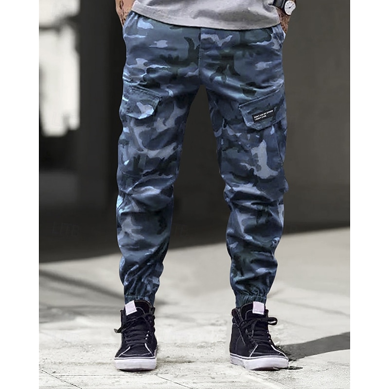 Men's Cargo Pants Trousers Camo Pants Elastic Waist Drawstring Multi Pocket Camouflage Wearable Outdoor Daily Camping & Hiking Fashion Classic Blue Green3
