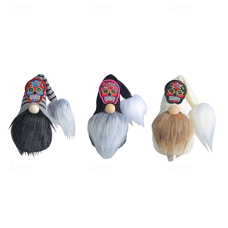 Day of the Dead Plush Skull Gnome Doll with Faux Beard, No-Face Stuffed Toy for Party Decoration, Spooky Festival Atmosphere Prop3