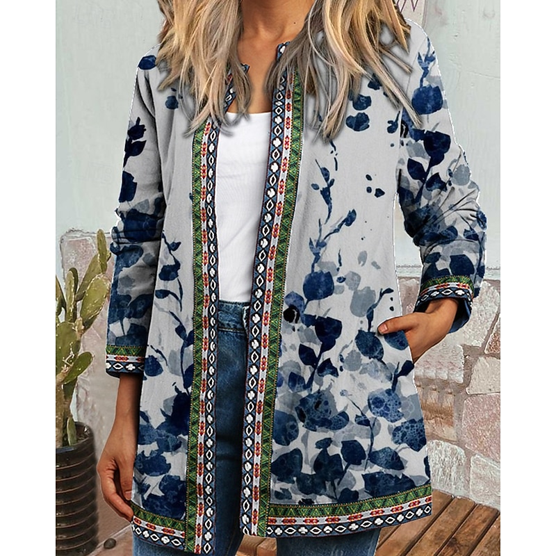 Women's Dressy Dusters Dressy Jackets Casual Jacket Street Going out Fall Winter Regular Coat Regular Fit Warm Comfortable Fashion Modern Jacket Long Sleeve Floral Pocket Blue Dark Blue Dark Gray