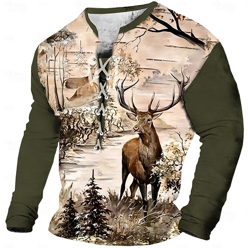Men's Cowboy Deer T shirt Tee Long Sleeve T shirt 3D Print Lace Up Neck Shirt Casual Vintage Retro Sports Outdoor Casual Daily Black Navy Blue Brown Spring & Summer Clothing Apparel S M L XL XXL XXXL2