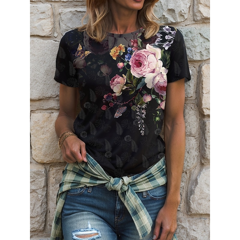 Women's T Shirt Floral Graphic Vintage Stylish Classic Short Sleeve Crew Neck Round Neck Regular Tops Daily Print Pink Blue Purple Green Summer Spring