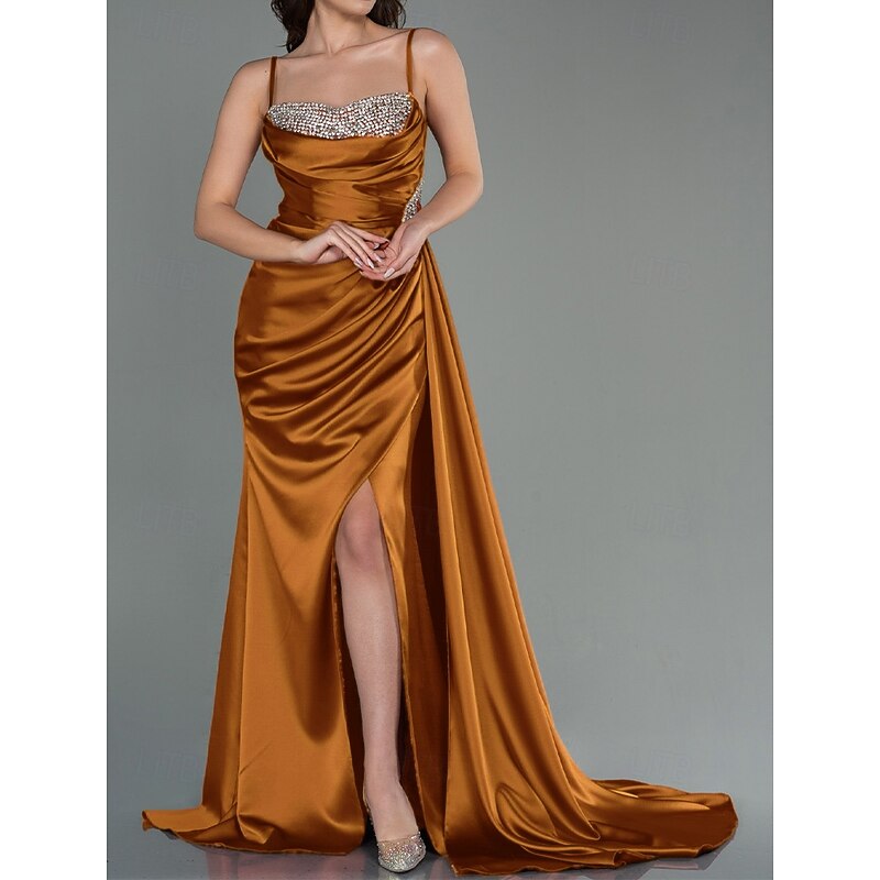 Black Tie Mermaid / Trumpet Evening Gown Adjustable Strap Elegant Dress Formal Wedding Floor Length Sleeveless Sweetheart Satin with Ruched Crystals