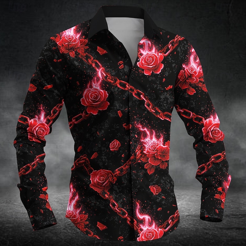 Men's Romantic Flame Rose Shirt Button Up Shirt Long Sleeve Dark Gothic Style Holiday Streetwear Summer Spring Turndown 3D Print Collared Shirts Red Blue Green