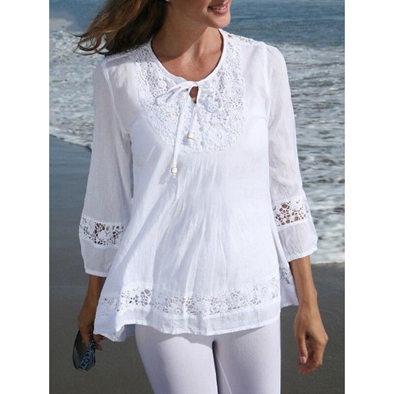 Women's Cotton Linen Shirts Solid Color Stylish Casual 3/4 Length Sleeve V Neck Regular Tops Daily Lace Patchwork Black White Wine Navy Blue Summer Spring2