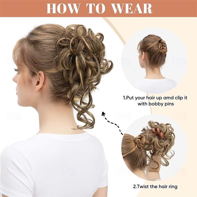 2PCS Messy Bun Hair Pieces Wavy Curly Synthetic Updo Chignon Fake Scrunchies Ponytail Extension for Women Bernstein Multi3