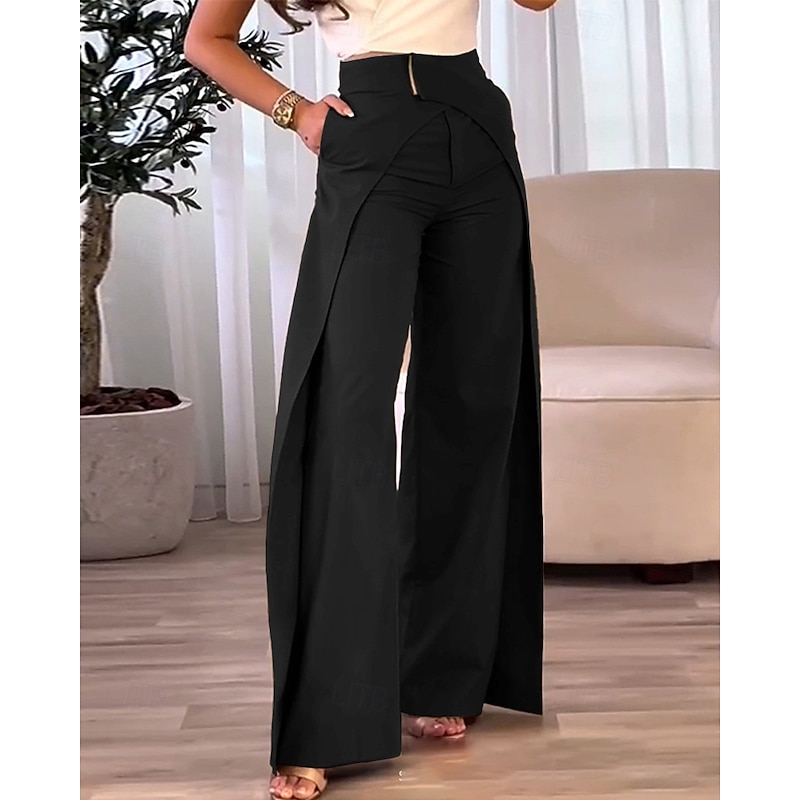 Women's Wide Leg Slacks Fashion Streetwear Full Length Natural Plain Pocket Elastic Waist Comfy Outdoor Comfortable Outdoor Vacation Street Light Sky Blue Black Brown Fall Regular Fit3