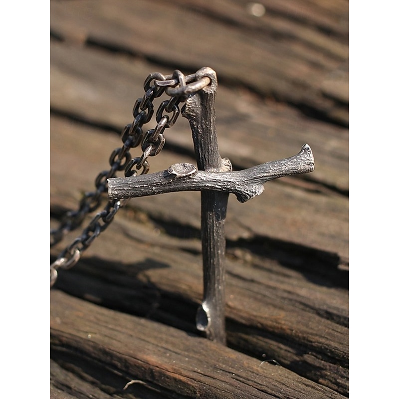 Vintage Branch - Shaped Cross Necklace - Rustic Silver - Tone Pendant for Men & Women2