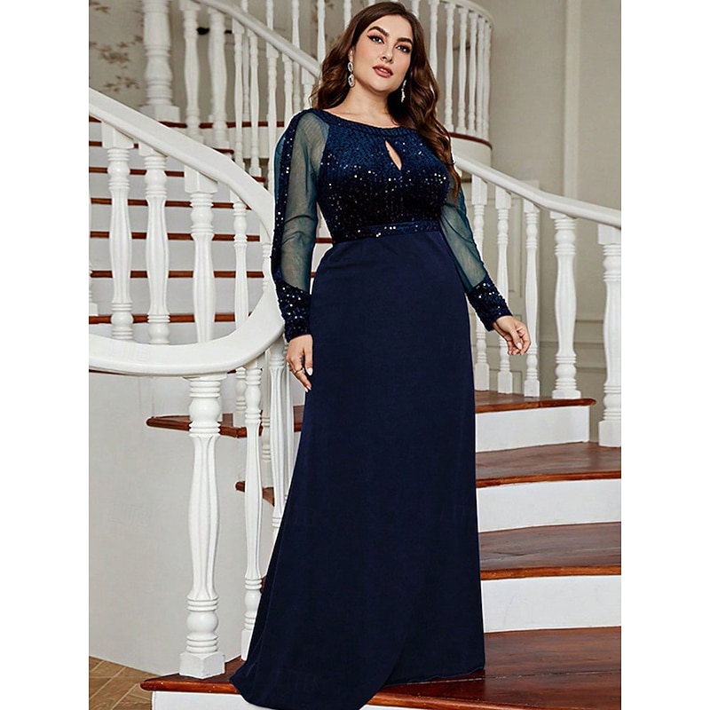 A-Line Evening Gown Elegant Dress Formal Wedding Floor Length Long Sleeve Crew Neck Chiffon with Sequin