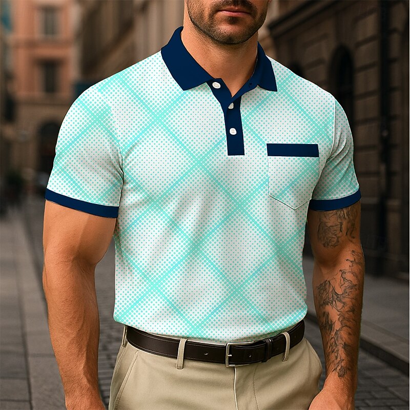 Men's Plaid Polo Short Sleeve Turndown Business Casual Daily Sports & Outdoor Athleisure Casual Daily Pocket Buttons Summer White Navy Blue Green4