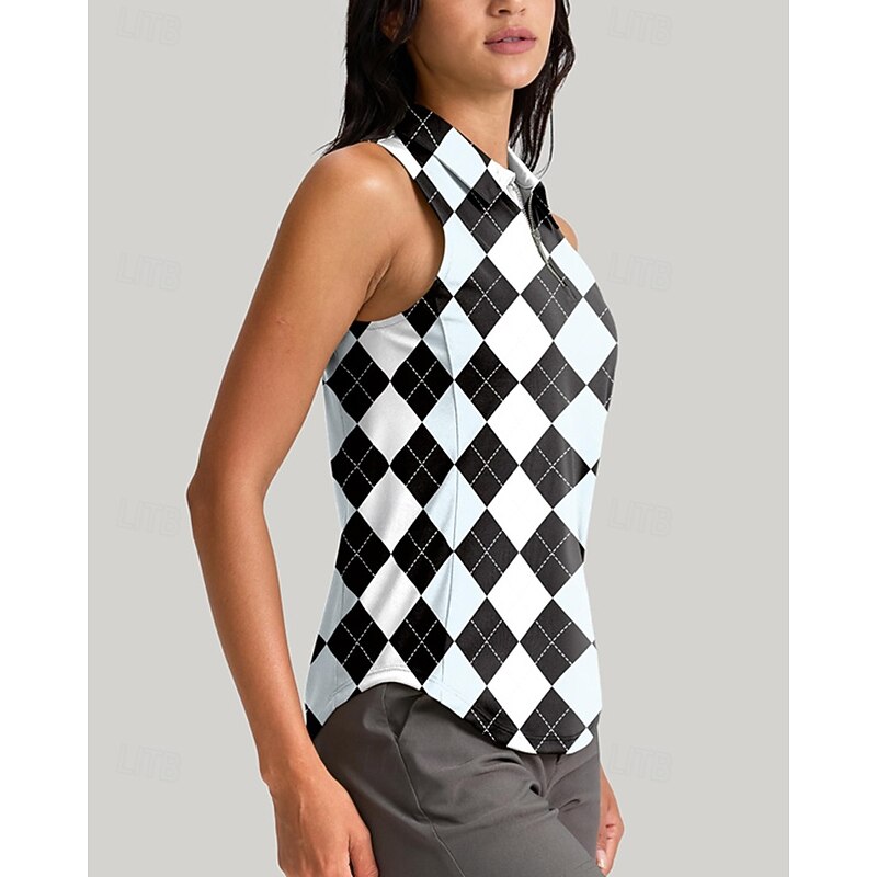 Women's Plaid / Check Sport Shirt Golf Polo Shirt Tennis Shirt Sleeveless Zipper High Elasticity Moisture Wicking Breathable Tennis Golf Pickleball Turndown Zip Collar Shirt Top Black Tennis Clothing2