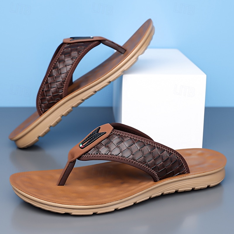 Men's Brown Faux Leather Flip Flops with Woven Pattern Strap Soft EVA Sole Comfortable for Vacation Resort and Everyday Summer Outfits2