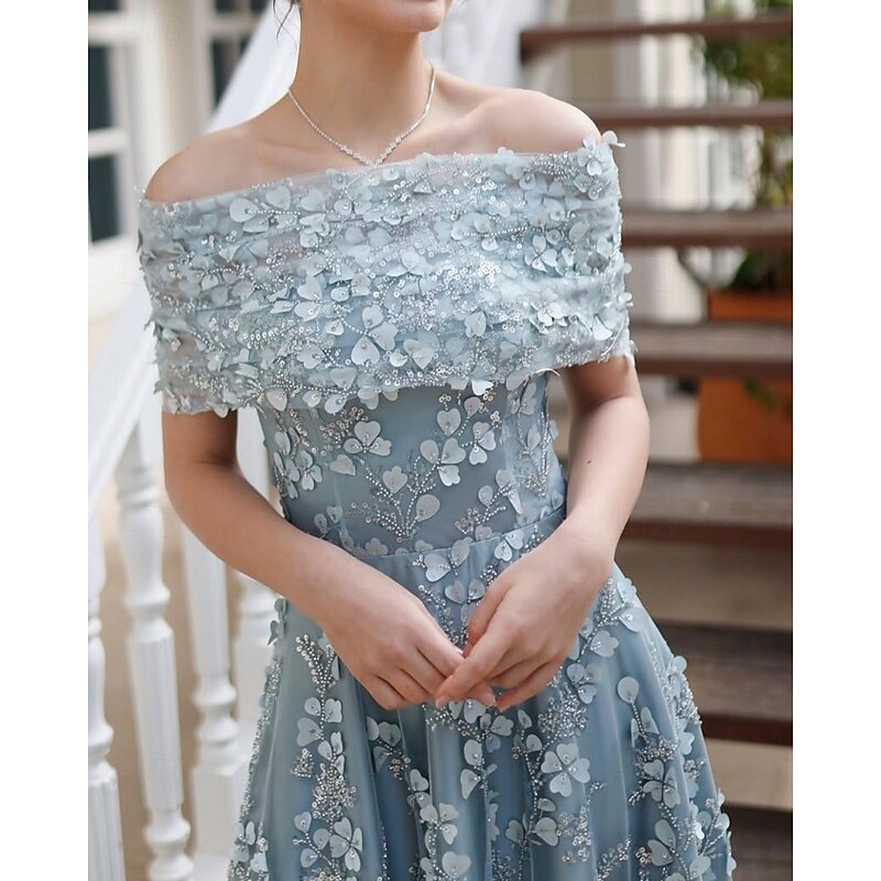A-Line Cocktail Dresses Detachable Cape Elegant Dress Formal Wedding Tea Length Midi Length Sleeveless Off Shoulder 3d Floral Lace with Beading Ruched Details3