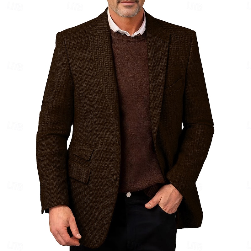 Men's Tweed Blazer Wool Herringbone Blazer Jacket Retro Vintage Classic Office Blazer Navy Blue Brown Standard Fit Single Breasted Two-buttons