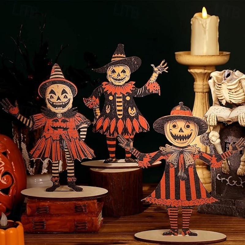 3pcs Halloween Table Decor Wooden Centerpiece Signs - Happy Halloween Trick or Treat Rustic Wood Party Decorations4