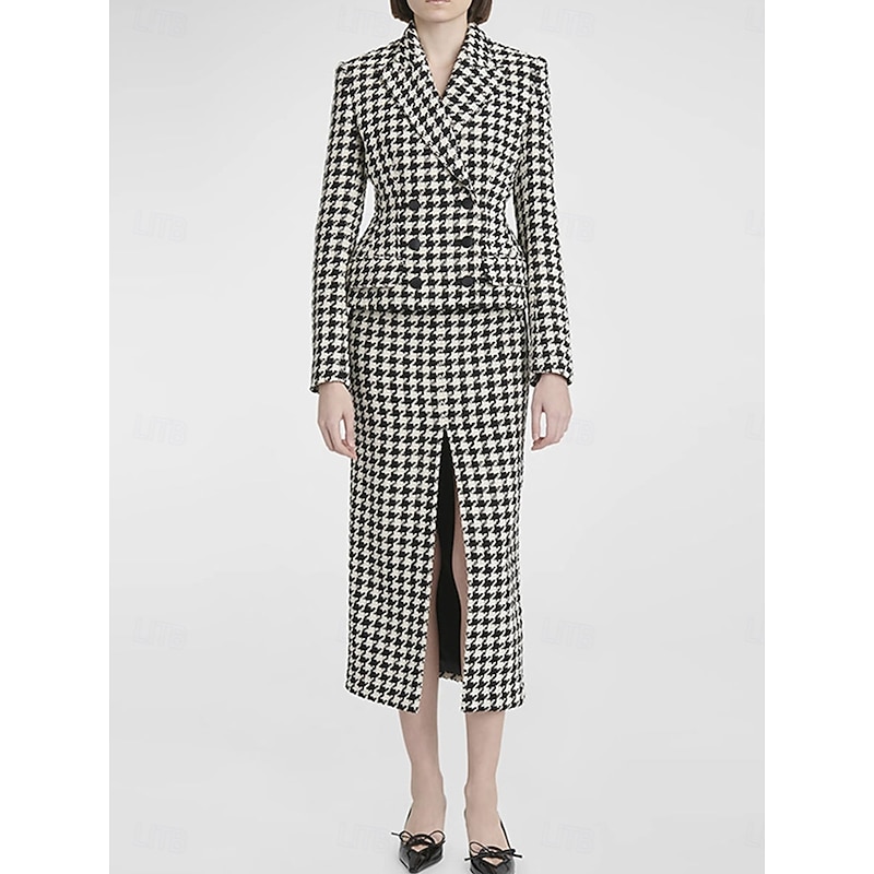 Tuxedo Dress Sheath Formal Wedding Guest Formal Evening Elegant Simple Long Sleeve Tea Length Peak Lapel Double Breasted