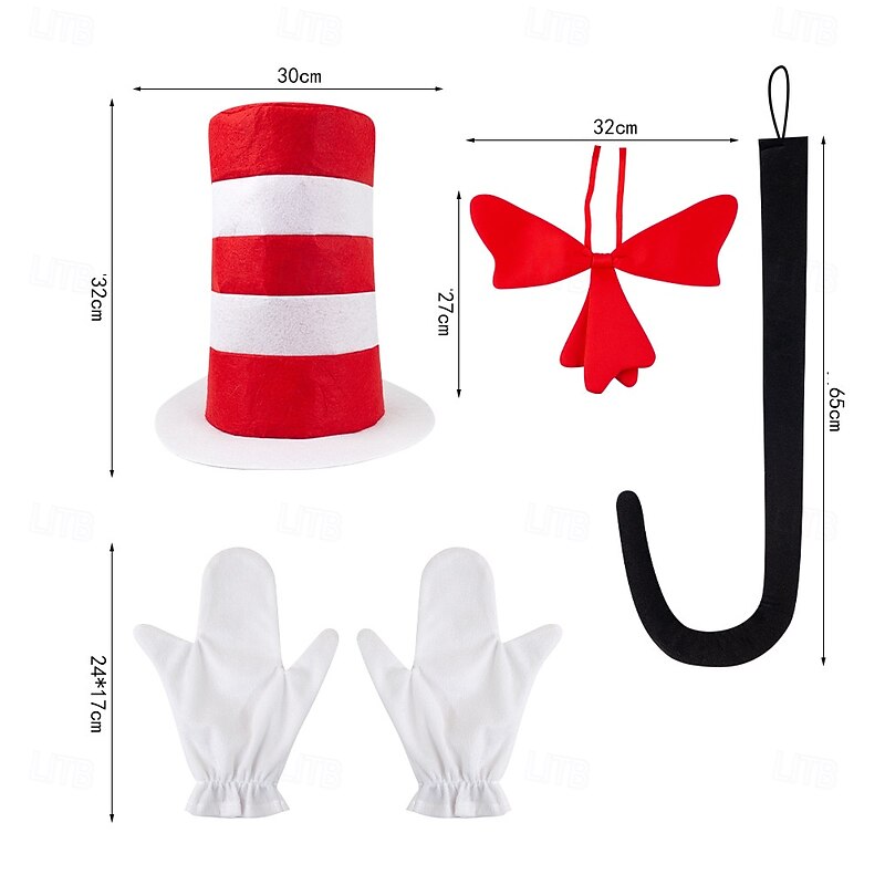 The Cat in the Hat Cat Gloves Accessories Set Tall Hat Storybook Characters Cosplay Movie Cosplay for Unisex Adults' Halloween Carnival World Book Day Performance Educational Dress Up2