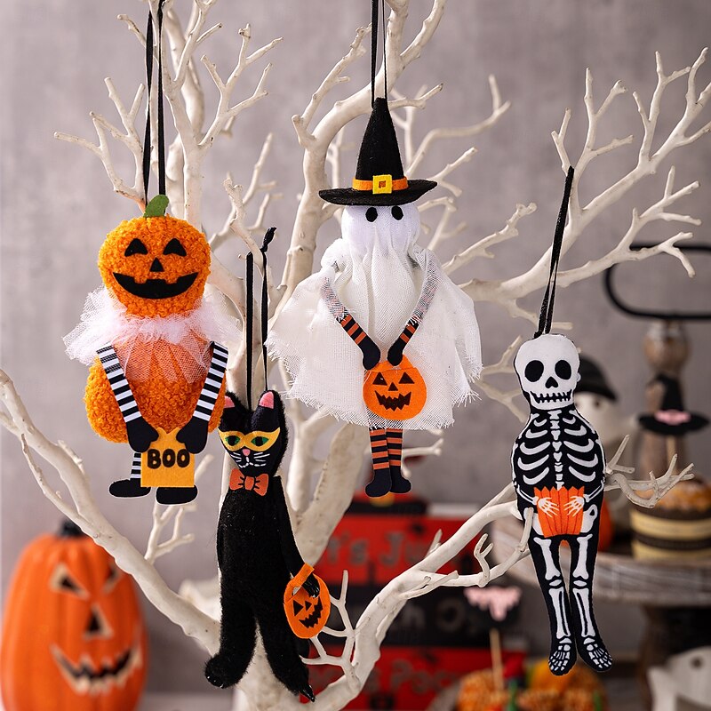 Halloween Plush Hanging Ornaments , Cute Pumpkin Black Cat Ghost Skull Decoration for Home Party, Small Soft Halloween Wall Hanging Decor
