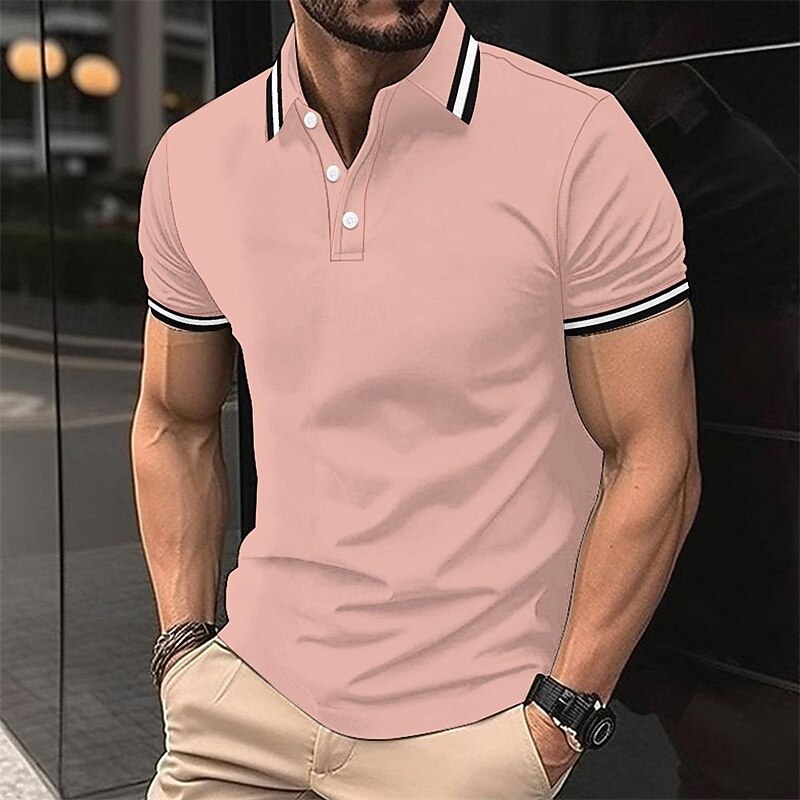 Men's Polo Button Up Polos Casual Sports Lapel Short Sleeve Fashion Basic Stripes Patchwork Buttons Summer Spring Black Pink Wine Brown Polo