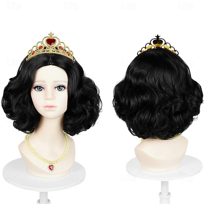 Short Black Wig for Girls Bob Curly Wavy Cosplay Wig for Halloween Costume4