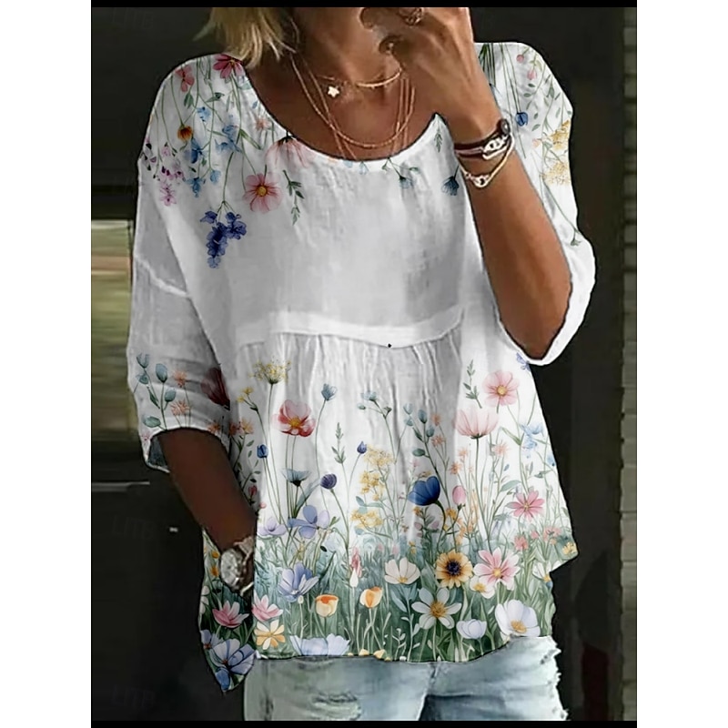 Women's Blouse Floral Stylish 3/4 Length Sleeve Crew Neck Regular Tops Daily Holiday Print White Yellow Light Green Pink Blue Summer3