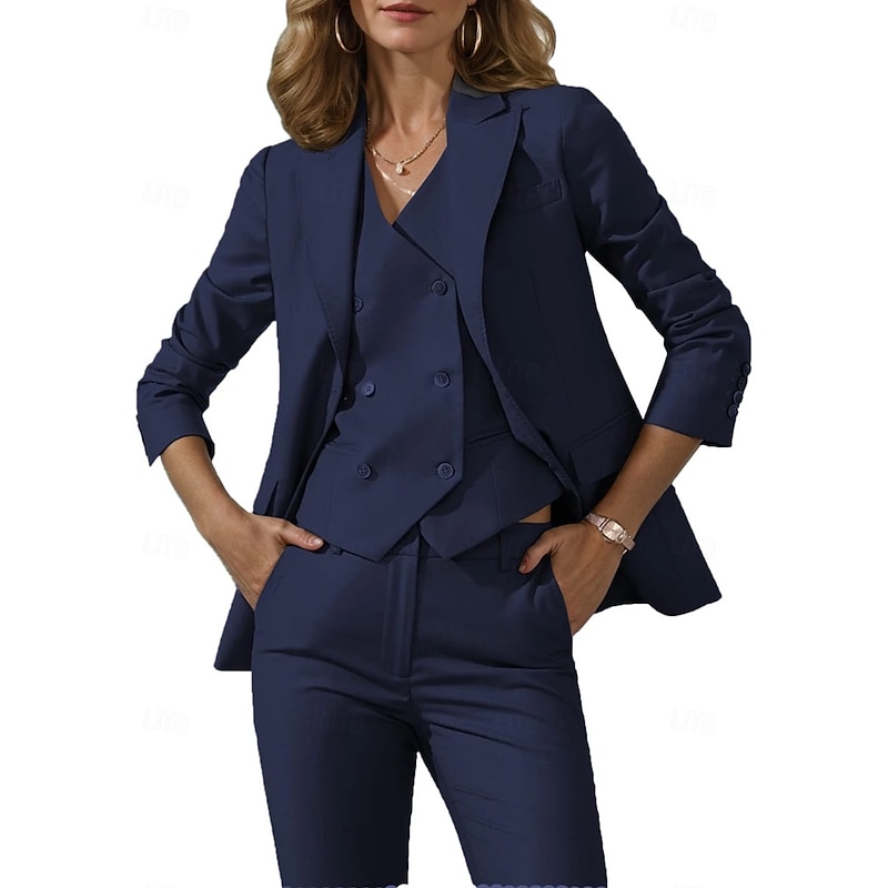 Women's 3 Pieces Suits Formal Wedding Guest Stretch Crepe Elegant Simple Minimalist 3/4 Sleeve Pleated Floor Length Peak Lapel Single Breasted2