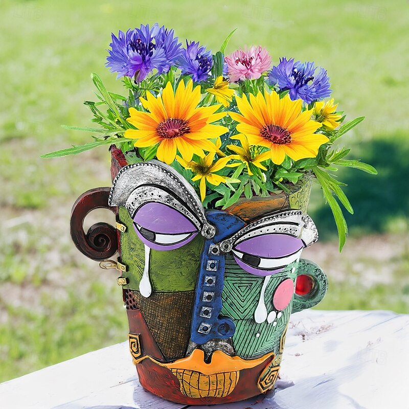 Brutalist Abstract Beauty Face Flower Pot, Colorful Crying Face Resin Planter, Artistic Emotional Sculpture for Home Garden Desktop Patio Decor4