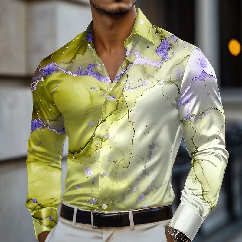Men's Geometric Marble Abstract Art Satin Shirt Dress Shirt Long Sleeve Fashion Casual Vacation Holiday Summer Spring Fall Turndown 3D Print Button Up Shirts Yellow Blue Purple Brown4