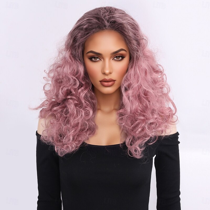 Synthetic Wig Wavy Afro Curly Asymmetrical With Bangs Machine Made Wig 20 inch A1 Synthetic Hair Women's Classic Thick Comfortable Pink4