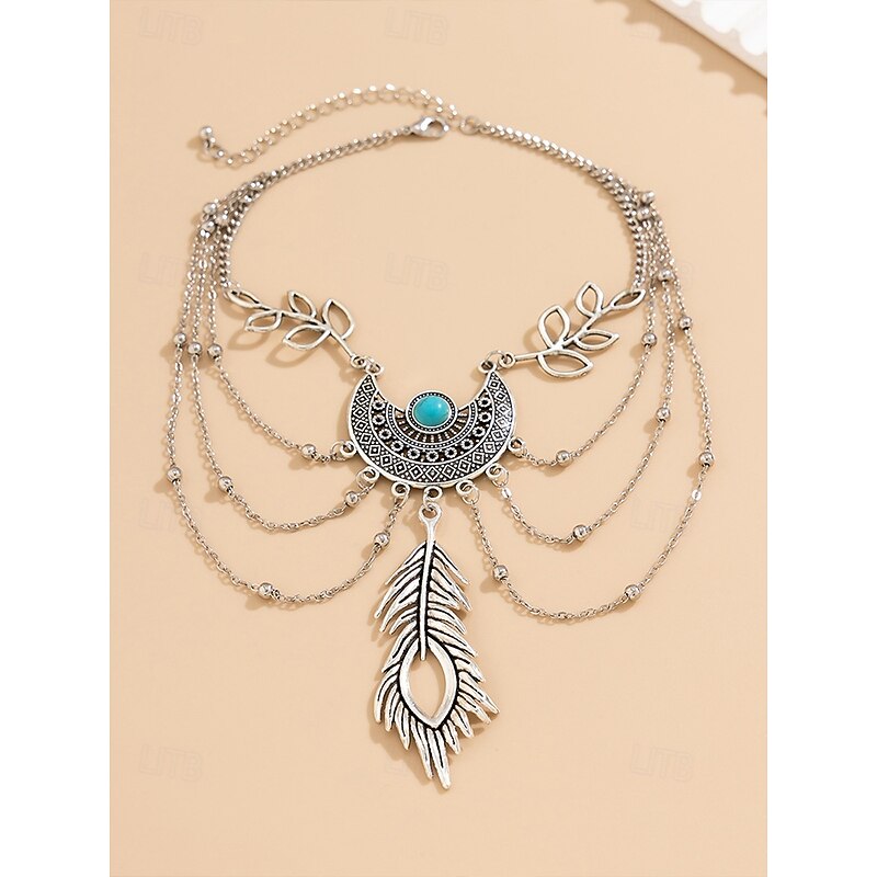 Women's Bohemian Turquoise Arm Cuff Bracelet – Tribal Leaf Chain Jewelry with Moon Medallion for Festivals, Summer Parties and Beachwear4