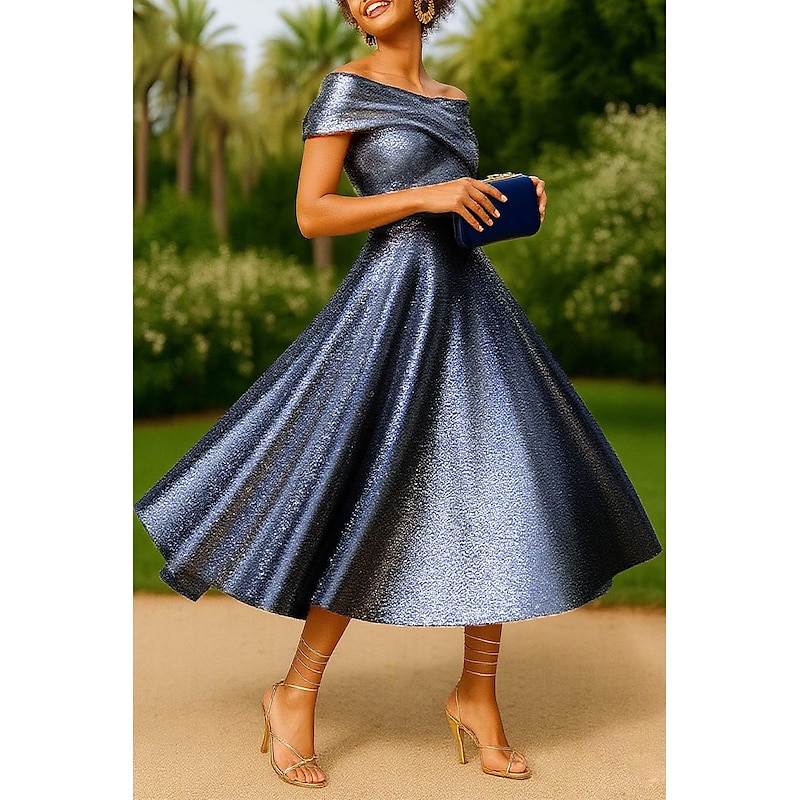 Black Tie Gold Sparkle Jacquard A-Line Cocktail Dresses Elegant Dress Formal Wedding Tea Length Midi Length Sleeveless Off Shoulder with Pleats4