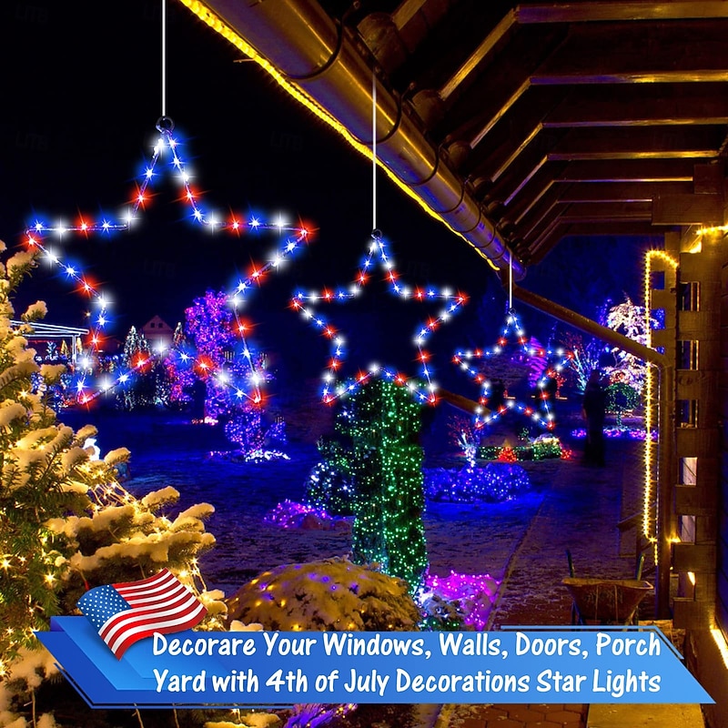 1 Pc Patriotic Hanging Lights Wrought Iron Red, White, Blue Five Pointed Star July 4th American Independence Day Showcase Courtyard Balcony Porch Party Patriotic Atmosphere Remote Control2
