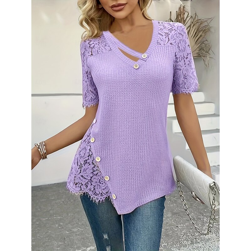 Women's Blouse Solid Color Elegant Stylish Basic Short Sleeve V Neck Regular Tops Daily Holiday Lace Buttons Yellow Pink Purple Summer2