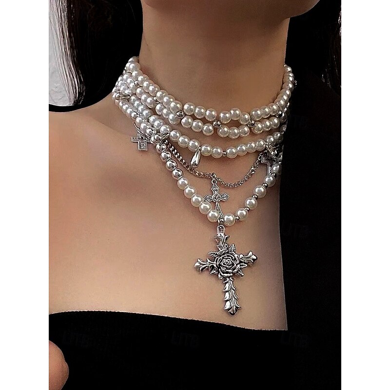 Women's Gothic Pearl Rose Thorn Cross Multi-layer Necklace - Vintage Multi-strand Necklace Jewelry for Halloween Parties and Vintage Occasions2