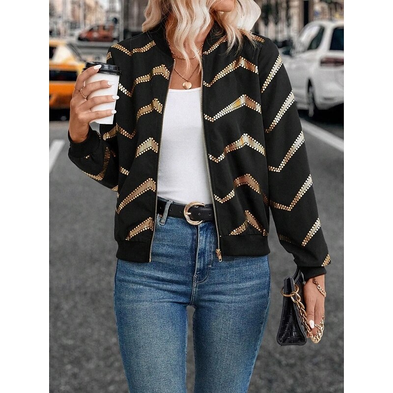Women's Bomber Jacket Comfortable Breathable Zipper Print Casual Geometric Vacation Street Casual Daily Wear Zipper Short Stand Collar Regular Fit Long Sleeve Outerwear Black Summer Spring