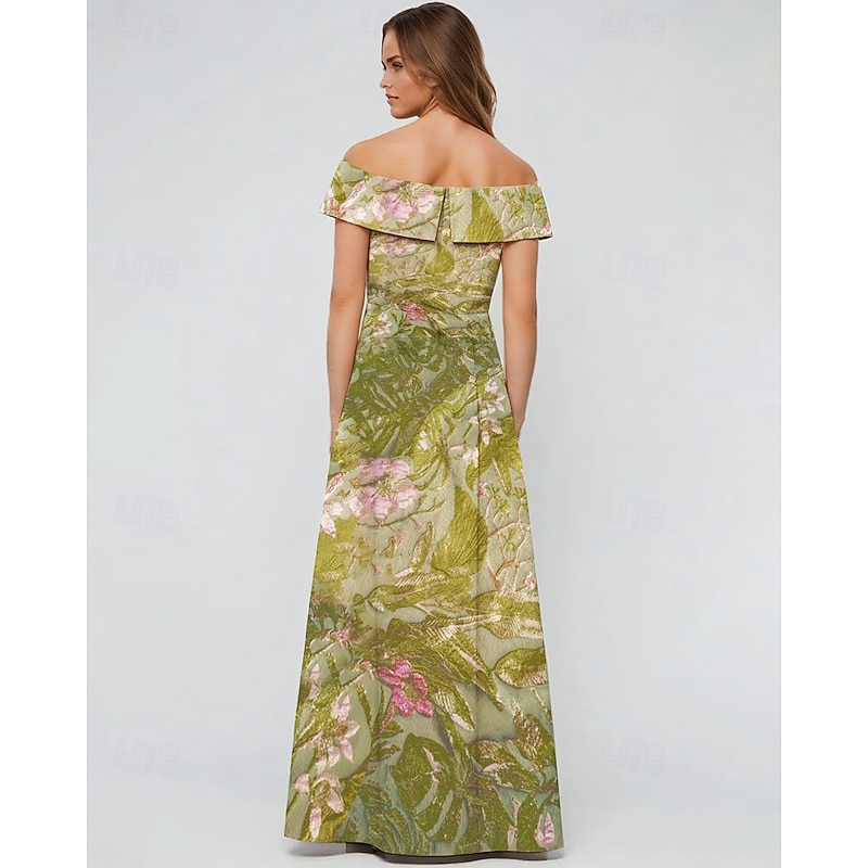 Jacquard Brocade Floral A-Line Evening Gown Elegant Dress Formal Wedding Floor Length Short Sleeve Off Shoulder Nylon with Pocket3
