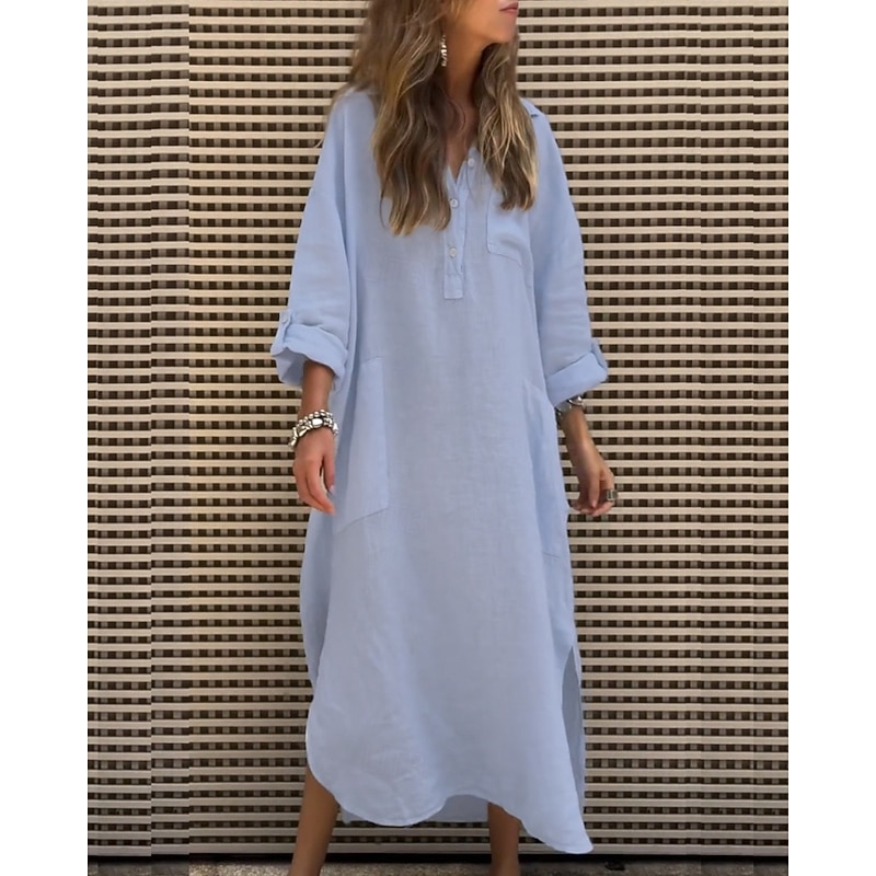 Women's Midi Dress Shirt Dress Classic Modern Outdoor Vacation Holiday Regular Fit Plain Long Sleeve V Neck Pink Purple Khaki Gray Summer3