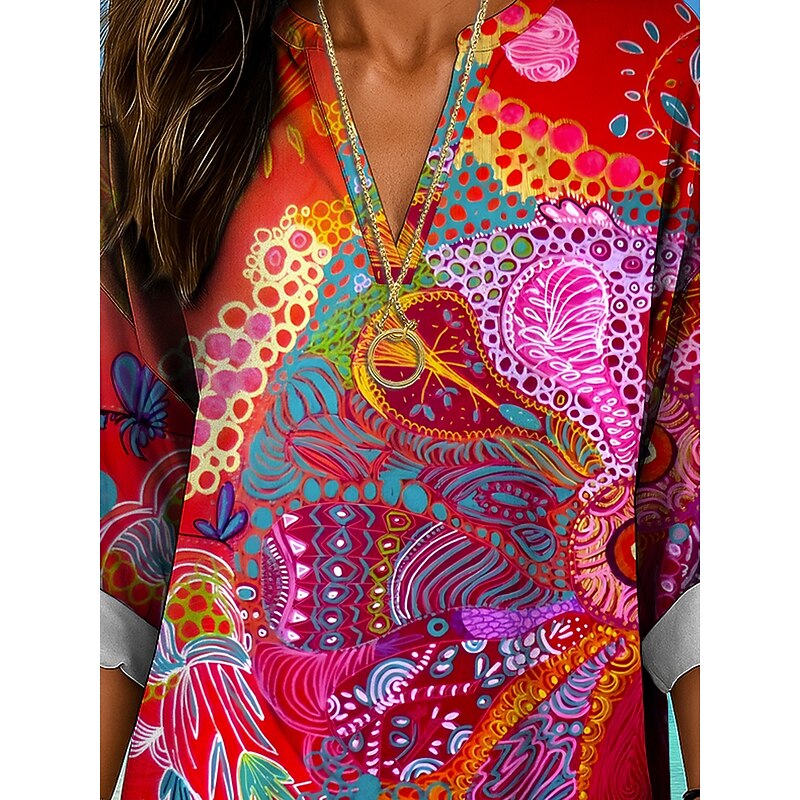 Women's Blouse Tunic V Neck Long Sleeve Boho Casual Tops Graphic Abstract Elegant Stylish Pretty Regular Tops Daily Print Yellow Red Blue Purple Green3