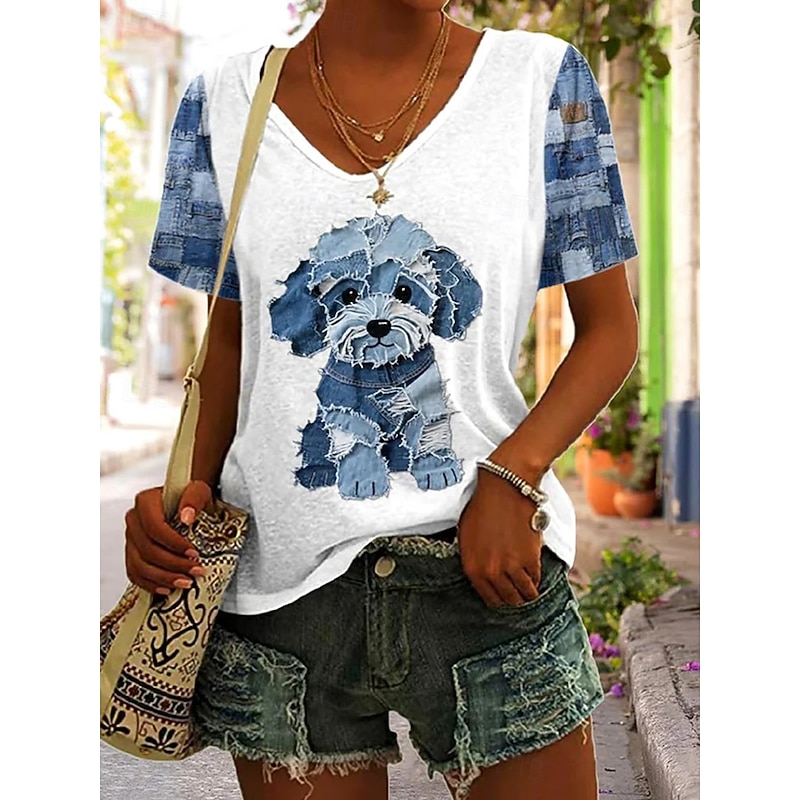 Women's T Shirt Graphic Animal Vintage Stylish Classic Short Sleeve V Neck Regular Tops Daily Print White Navy Blue Gray Light Blue Summer Spring