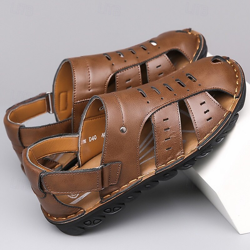 Men's Brown Faux Leather Closed-Toe Sandals Breathable Cut-Out Design with Anti-Slip Sole Ideal for Summer Walking Outdoor and Casual Use3
