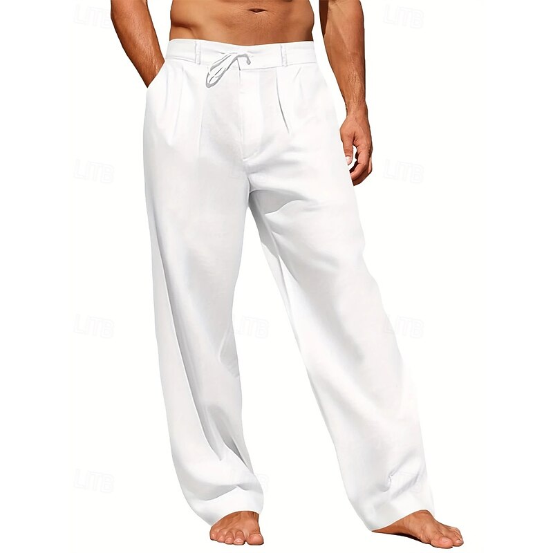 Men's Linen Pants Trousers Summer Pants Beach Pants Pocket Drawstring Straight Leg Plain Comfort Breathable Vacation Daily Holiday Hawaiian Boho White Khaki3