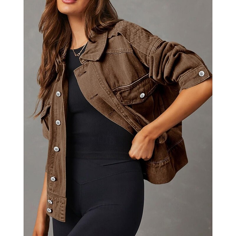 Women's Casual Jacket Comfortable Pocket Buttons Modern Casual Plain Vacation Street Going out Weekend Single Breasted Regular Turndown Regular Fit Long Sleeve Outerwear Black White Brown Fall Winter4