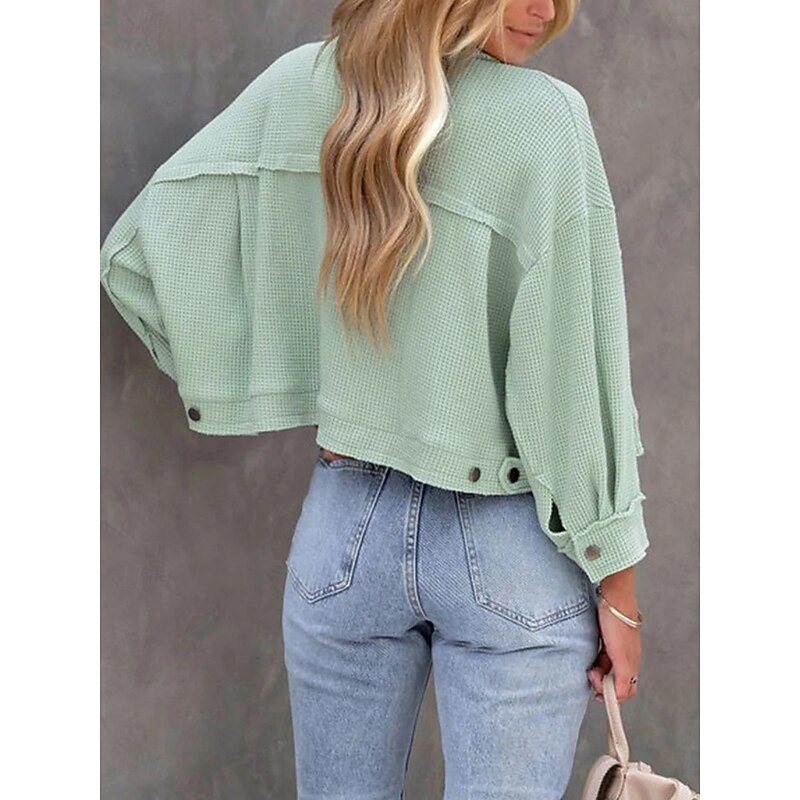 Women's Casual Jacket Comfortable Breathable Pocket Buttons Casual Plain Vacation Street Casual Daily Wear Single Breasted Short Turndown Regular Fit Long Sleeve Outerwear Black White Green Spring2